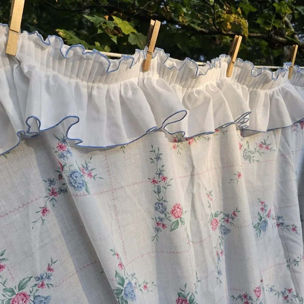 Vintage White Floral Ruffled Curtain Panels Pink & Blue Cottagecore Grannycore